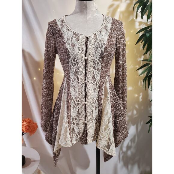 Ryu Anthropologie Edwardian Lace Panel Button Cardigan Sweater Size S Boho Fairy - Picture 1 of 13